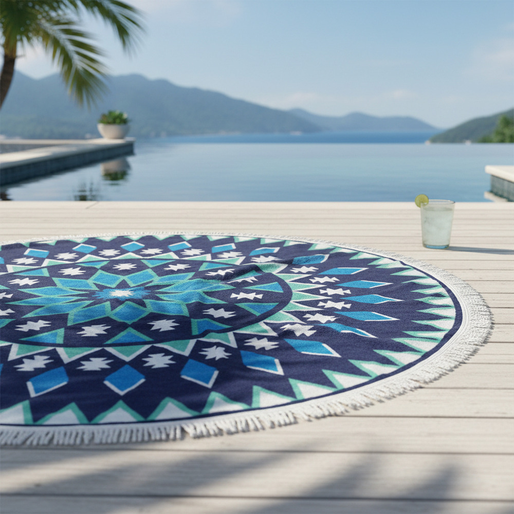 Toalla Playa Redonda Microfibra Con Flecos 150 Cm Azul Mandala - Imagen 3