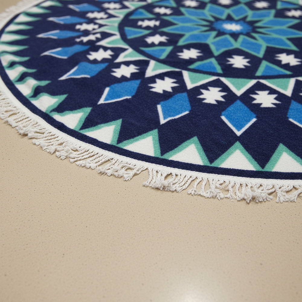Toalla Playa Redonda Microfibra Con Flecos 150 Cm Azul Mandala - Imagen 5