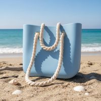 Bolso Playero Rojo De Goma Eva Con Asas De Soga Azul Acero