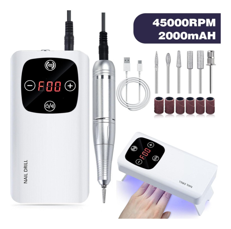 Torno Y Lámpara Para Uñas Portátil 45000 Rpm Kit Completo Blanco