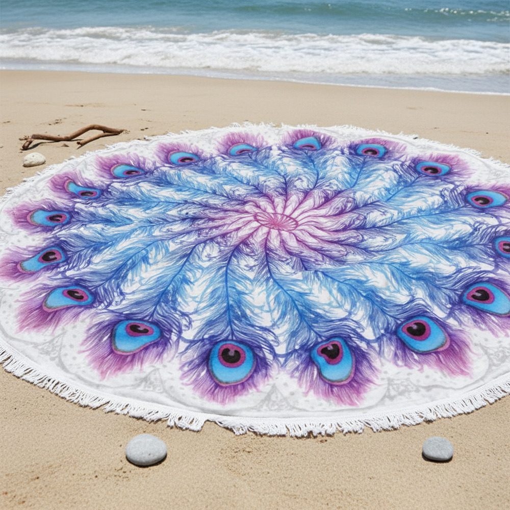 Toalla Playa Redonda Microfibra Con Flecos 150 Cm Azul Plumas - Imagen 4